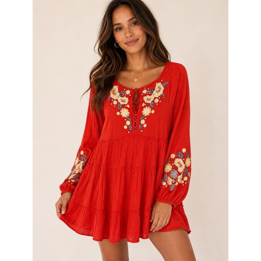 Free People Spell On You‎ poppy red floral embroidered mini dress XS